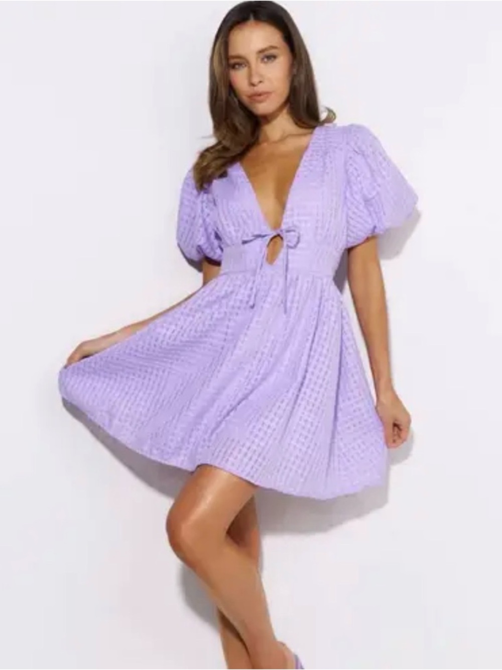 Hello Molly Lilac V-Neck Tie-Front Puff Sleeve Dress